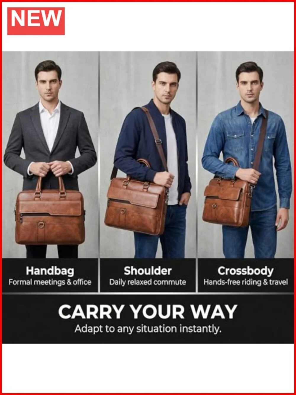 Leather Laptop Bag 15in Water-Resistant Messenger Crossbody Work